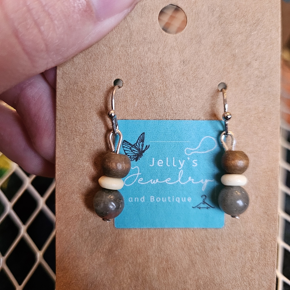 Jelly's Jewelry and Boutique Handcrafted Brown, White, & Gray Beaded Earrings